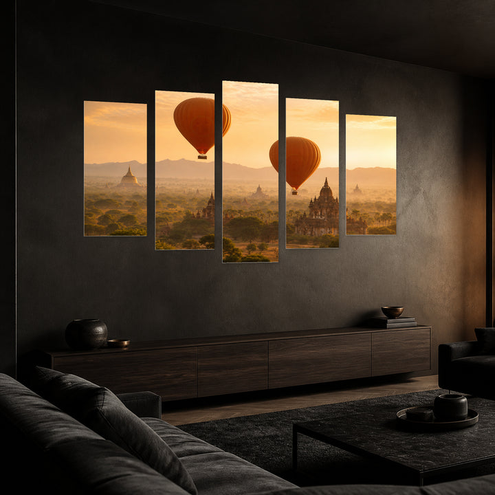 Balloons over Myanmar in Serene Light — five-panel wall art in perspective interior | 5wallart 51187 M2