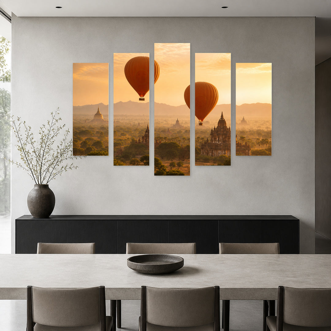 Balloons over Myanmar in Serene Light — five-panel wall art in alternate frontal interior | 5wallart 51187 M4