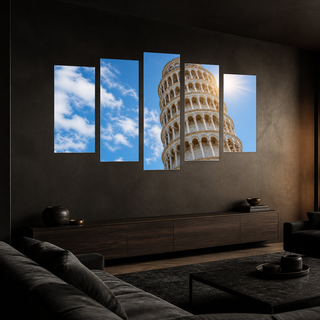 Leaning Tower of Pisa with Geometric Rhythm — five-panel wall art in perspective interior | 5wallart 51197 M2