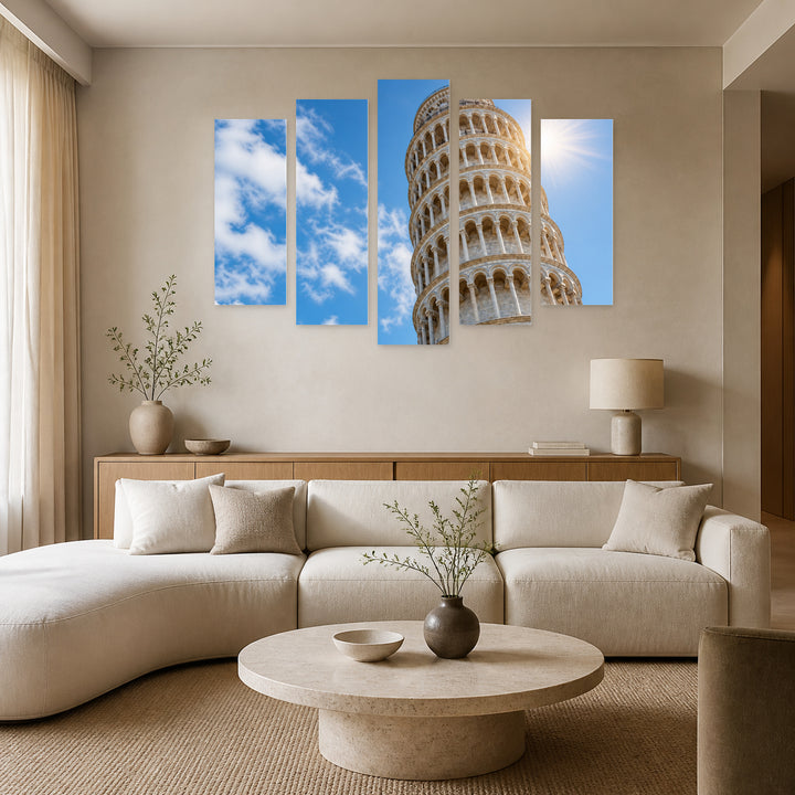 Leaning Tower of Pisa with Geometric Rhythm — five-panel wall art in frontal interior | 5wallart 51197 M3