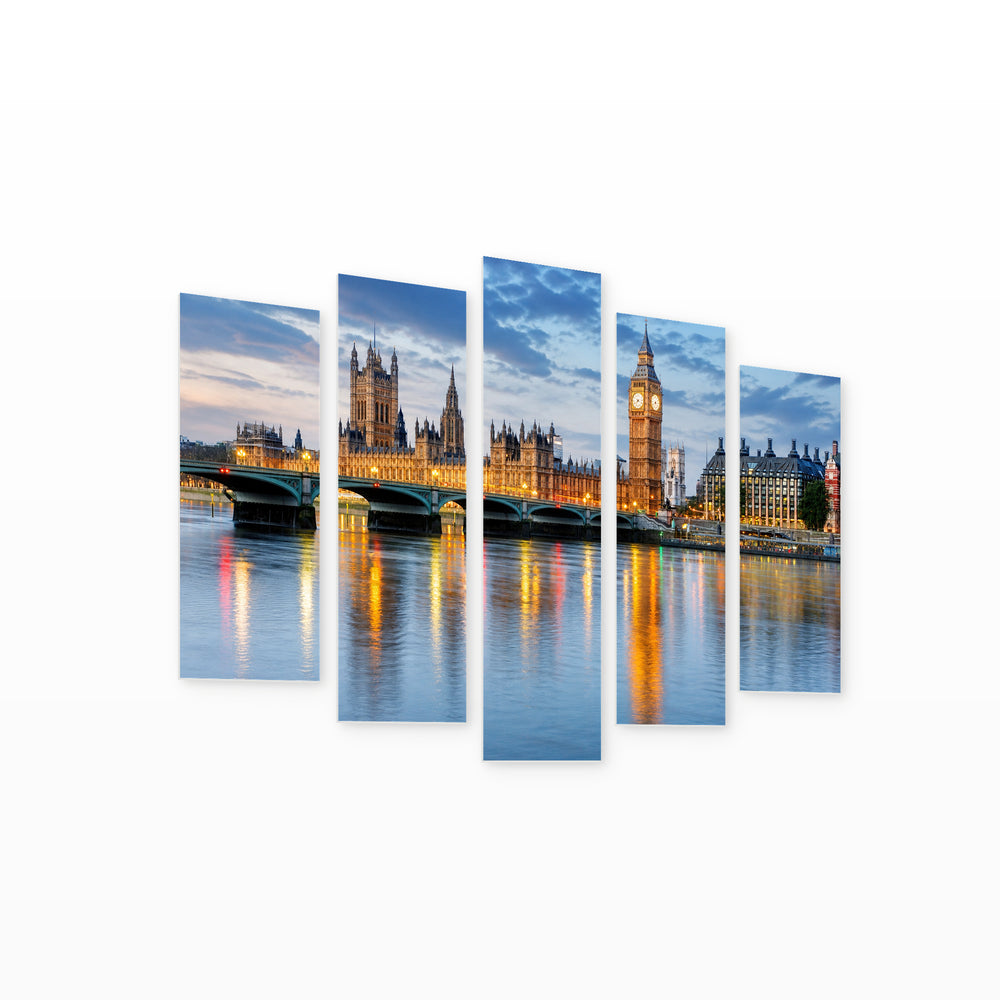 Big Ben and the Parliament, London Urban Panorama — five-panel wall art on white background in perspective | 5wallart 51198 M1