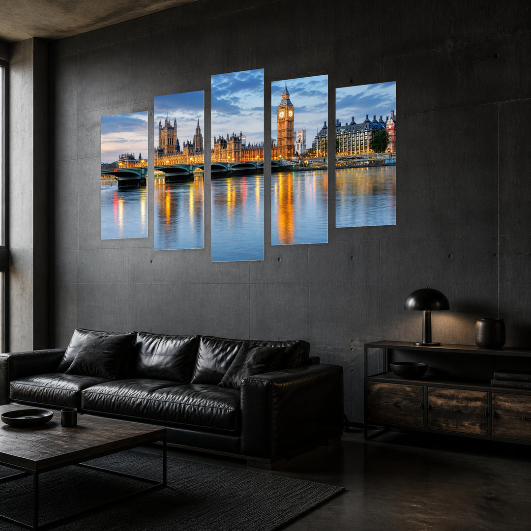 Big Ben and the Parliament, London Urban Panorama — five-panel wall art in perspective interior | 5wallart 51198 M2