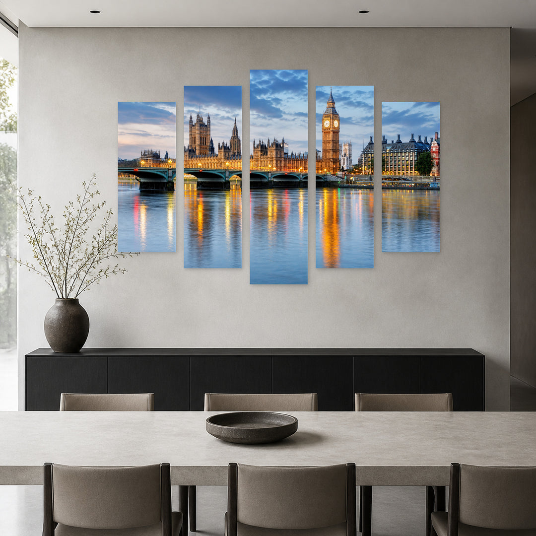 Big Ben and the Parliament, London Urban Panorama — five-panel wall art in frontal interior | 5wallart 51198 M3
