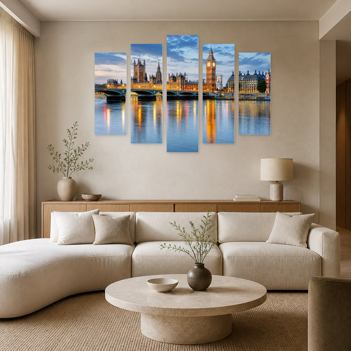 Big Ben and the Parliament, London Urban Panorama — five-panel wall art in alternate frontal interior | 5wallart 51198 M4