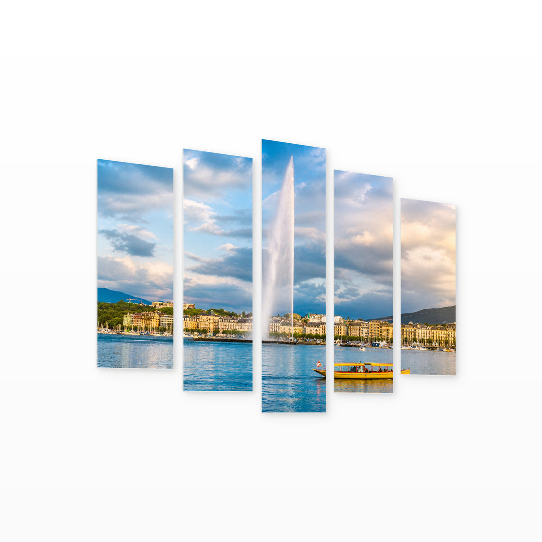 Geneva Skyline in Blue and Gold — five-panel wall art on white background in perspective | 5wallart 51201 M1
