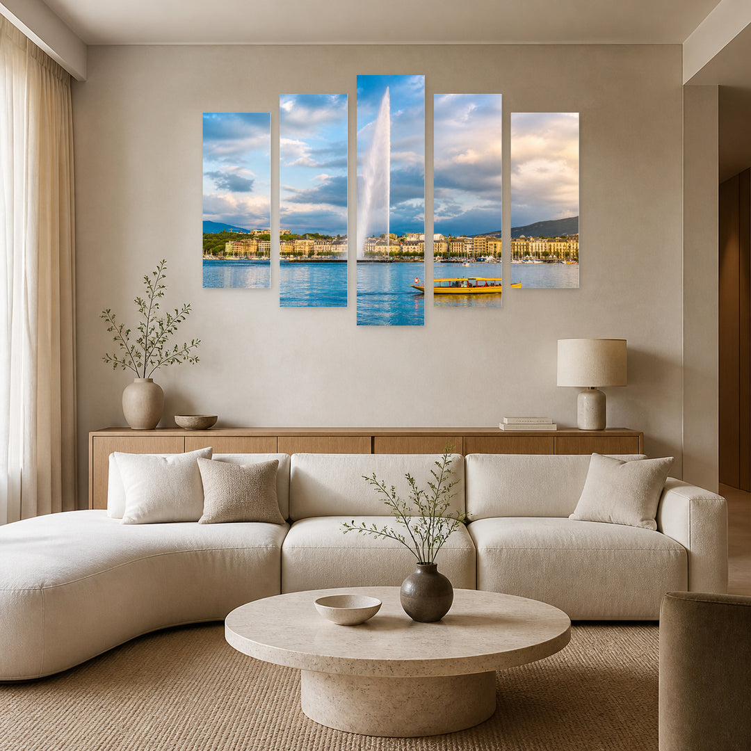 Geneva Skyline in Blue and Gold — five-panel wall art in frontal interior | 5wallart 51201 M3