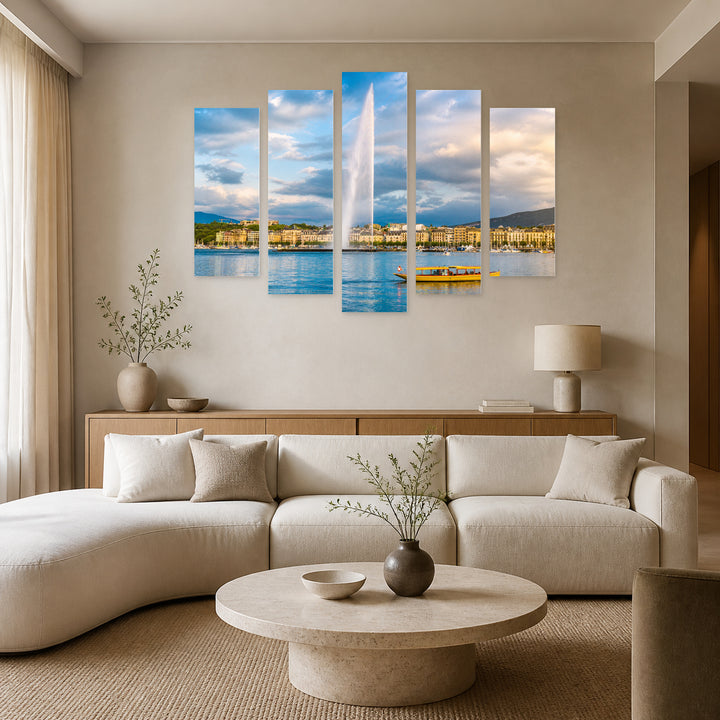 Geneva Skyline in Blue and Gold — five-panel wall art in frontal interior | 5wallart 51201 M3