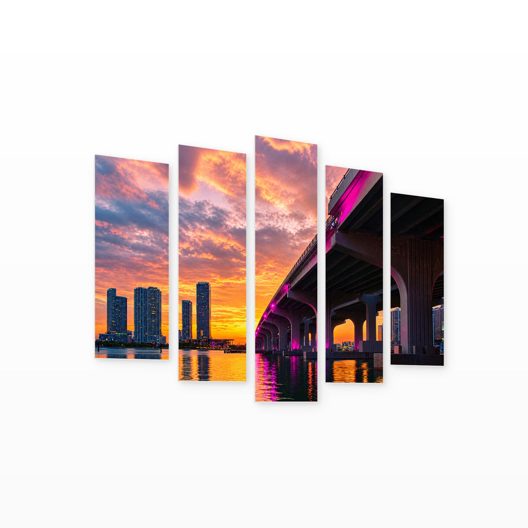 Miami Sunset, Florida with Dreamlike Atmosphere — five-panel wall art on white background in perspective | 5wallart 51203 M1