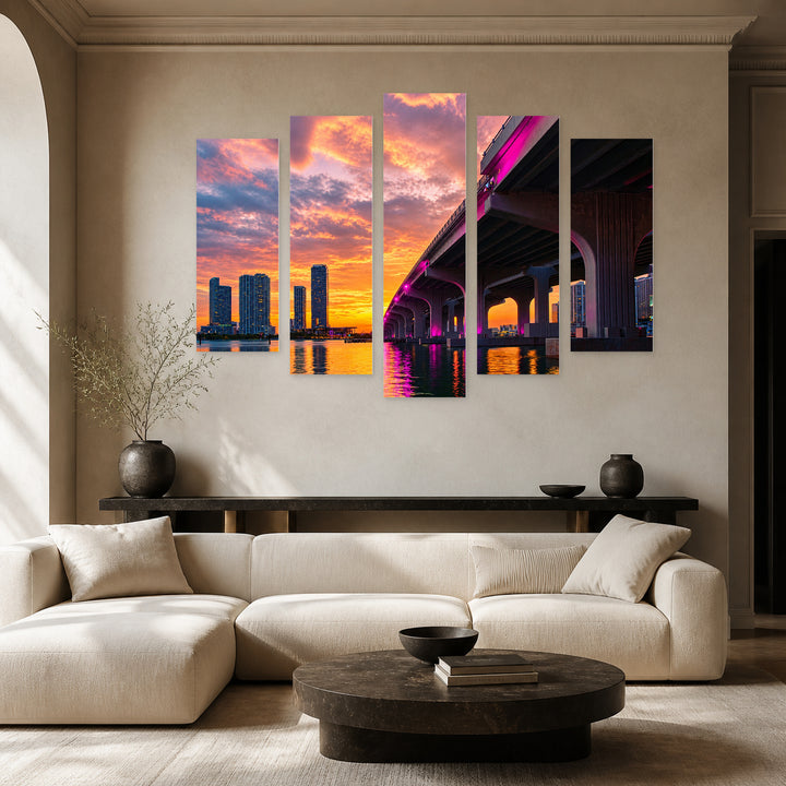 Miami Sunset, Florida with Dreamlike Atmosphere — five-panel wall art in frontal interior | 5wallart 51203 M3