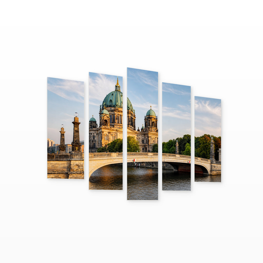 Cathedral in Berlin in Blue and Gold — five-panel wall art on white background in perspective | 5wallart 51210 M1