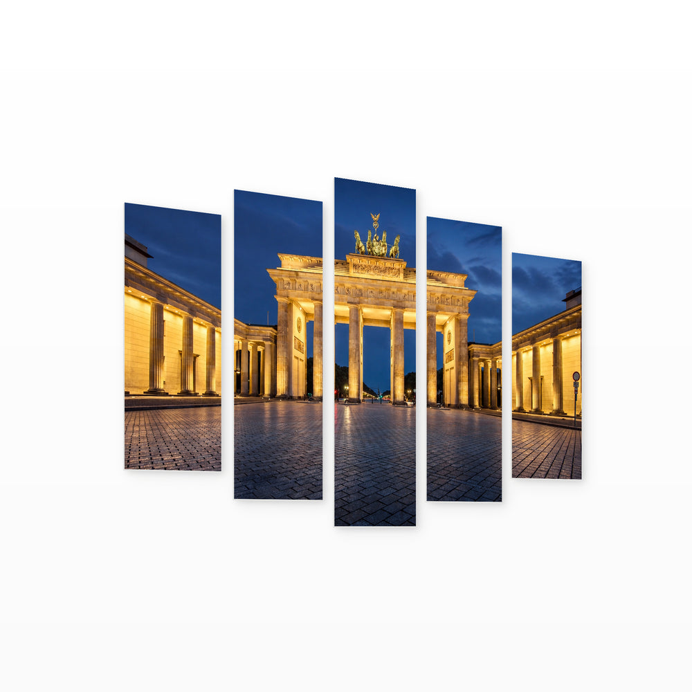 Brandenburg Gate Night View in Serene Light — five-panel wall art on white background in perspective | 5wallart 51211 M1