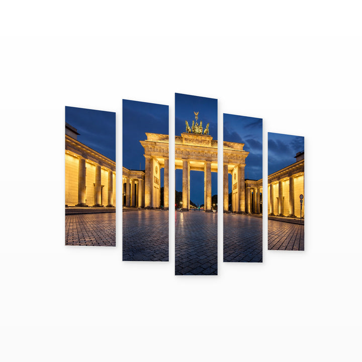 Brandenburg Gate Night View in Serene Light — five-panel wall art on white background in perspective | 5wallart 51211 M1