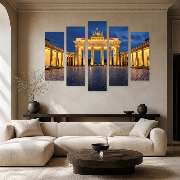 Brandenburg Gate Night View in Serene Light — five-panel wall art in frontal interior | 5wallart 51211 M3