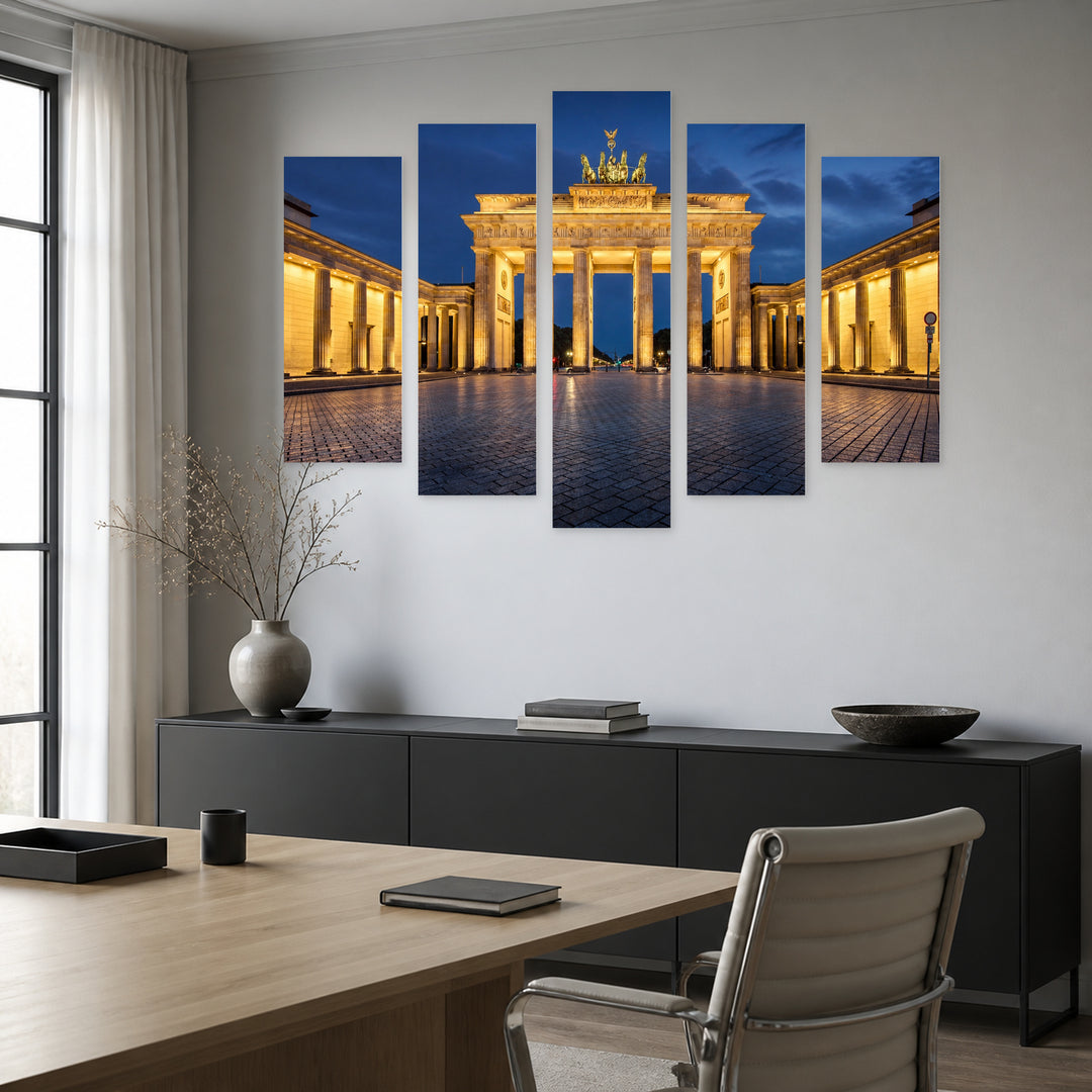Brandenburg Gate Night View in Serene Light — five-panel wall art in alternate frontal interior | 5wallart 51211 M4