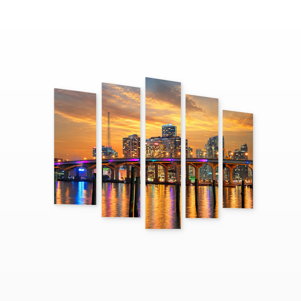 Bridge in Miami at Golden Sunset — five-panel wall art on white background in perspective | 5wallart 51212 M1