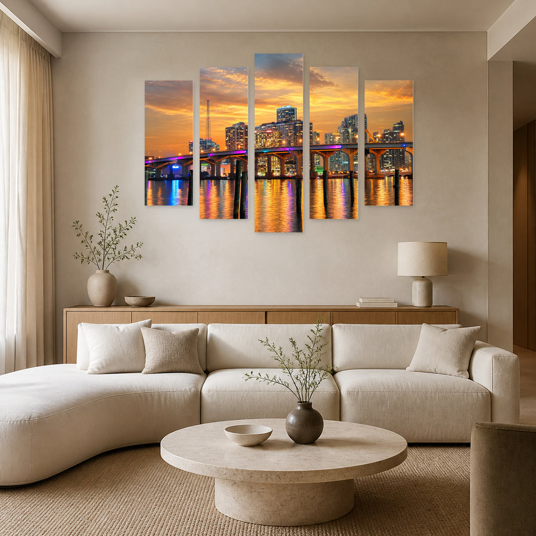 Bridge in Miami at Golden Sunset — five-panel wall art in alternate frontal interior | 5wallart 51212 M4