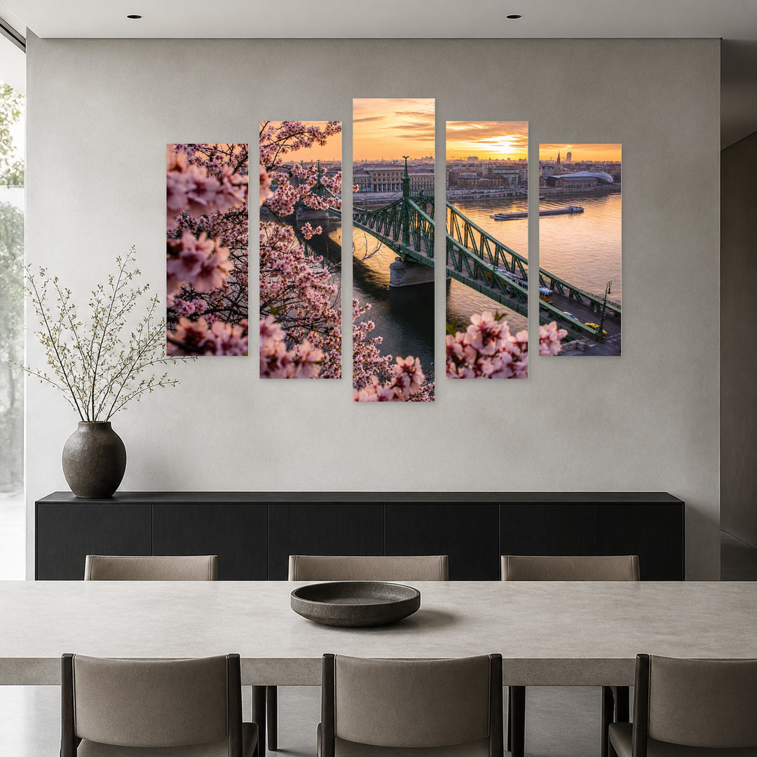 Bridge over the Danube, Budapest Urban Panorama — five-panel wall art in frontal interior | 5wallart 51220 M3