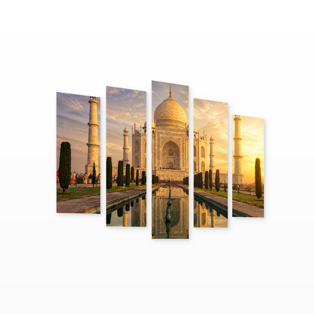 Golden Sunset over Taj Mahal — five-panel wall art on white background in perspective | 5wallart 51223 M1