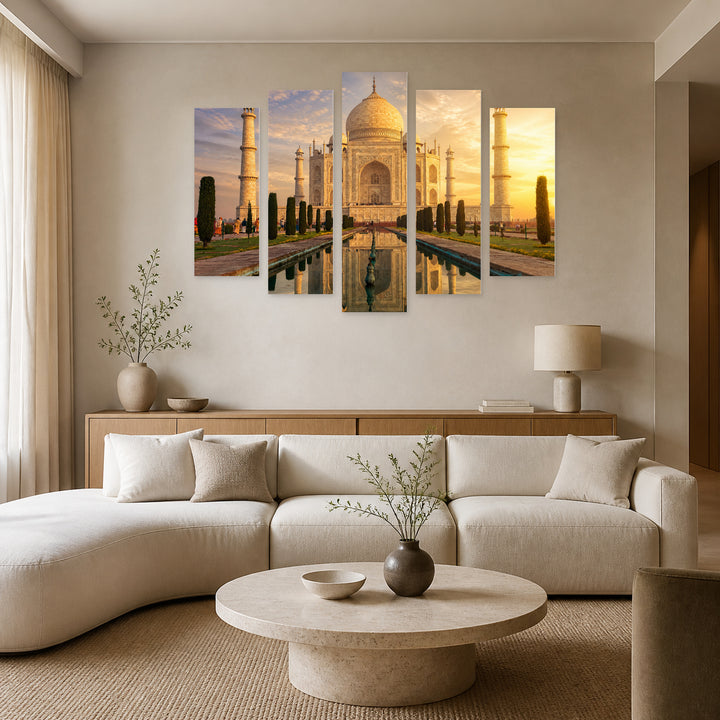Golden Sunset over Taj Mahal — five-panel wall art in frontal interior | 5wallart 51223 M3