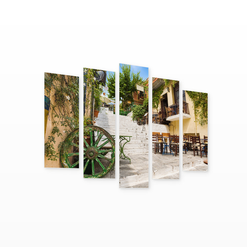 Charming Street in the Old Plaka District, Athens, — five-panel wall art on white background in perspective | 5wallart 51227 M1