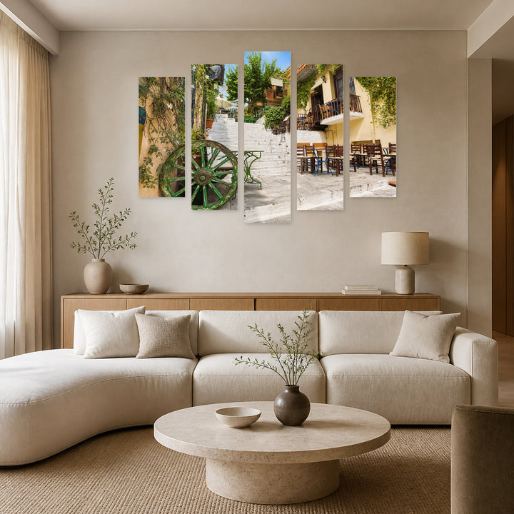 Charming Street in the Old Plaka District, Athens, — five-panel wall art in frontal interior | 5wallart 51227 M3