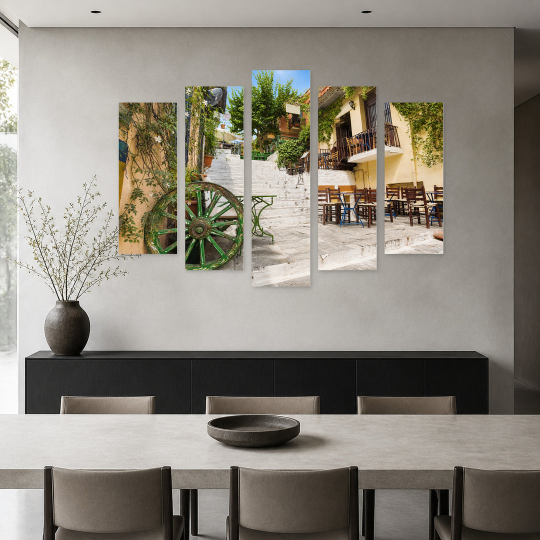 Charming Street in the Old Plaka District, Athens, — five-panel wall art in alternate frontal interior | 5wallart 51227 M4