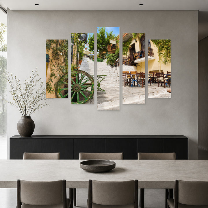 Charming Street in the Old Plaka District, Athens, — five-panel wall art in alternate frontal interior | 5wallart 51227 M4