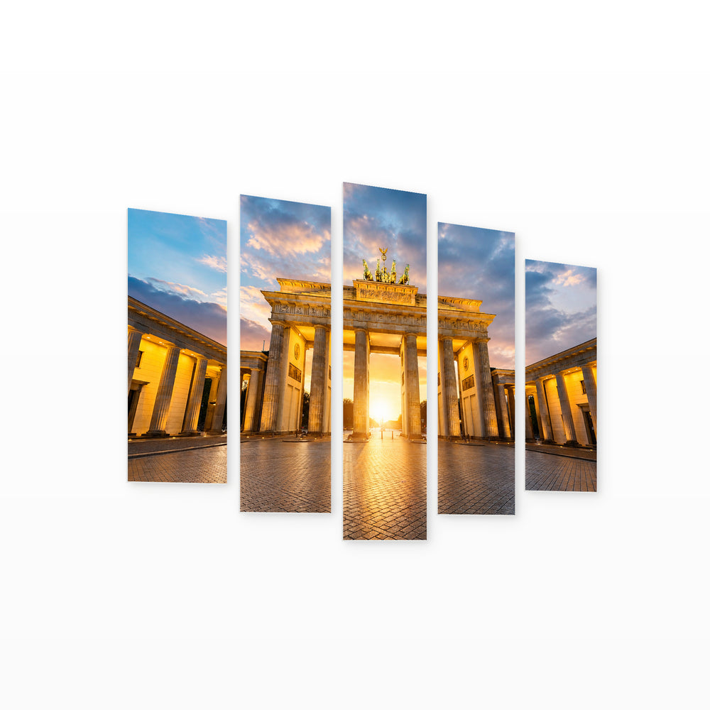 Brandenburg Gate at Sunrise with Dramatic Contrast — five-panel wall art on white background in perspective | 5wallart 51228 M1