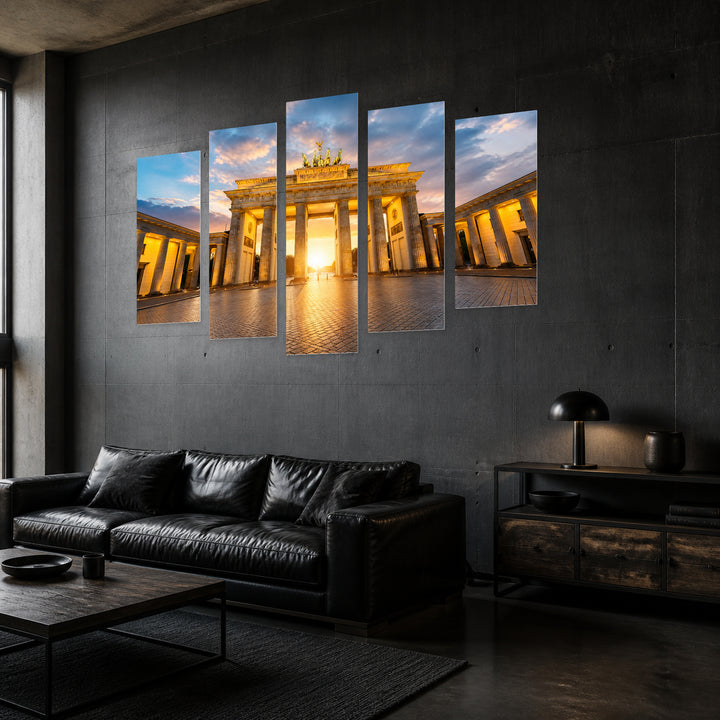 Brandenburg Gate at Sunrise with Dramatic Contrast — five-panel wall art in perspective interior | 5wallart 51228 M2
