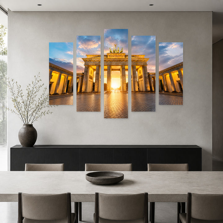 Brandenburg Gate at Sunrise with Dramatic Contrast — five-panel wall art in frontal interior | 5wallart 51228 M3