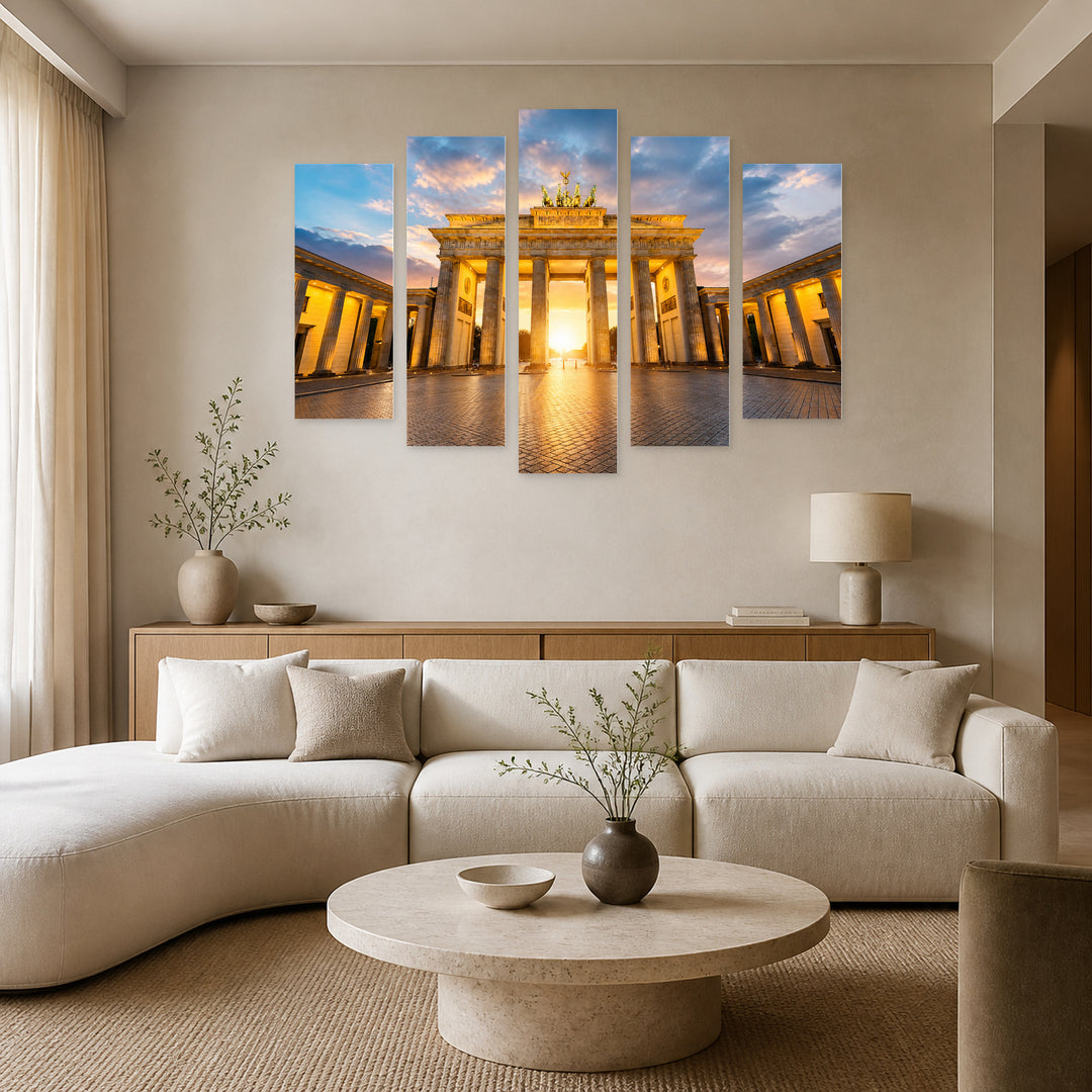 Brandenburg Gate at Sunrise with Dramatic Contrast — five-panel wall art in alternate frontal interior | 5wallart 51228 M4