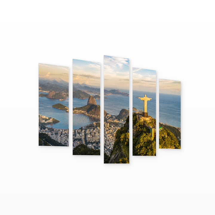 Rio View from Above in Blue and Gold — five-panel wall art on white background in perspective | 5wallart 51229 M1