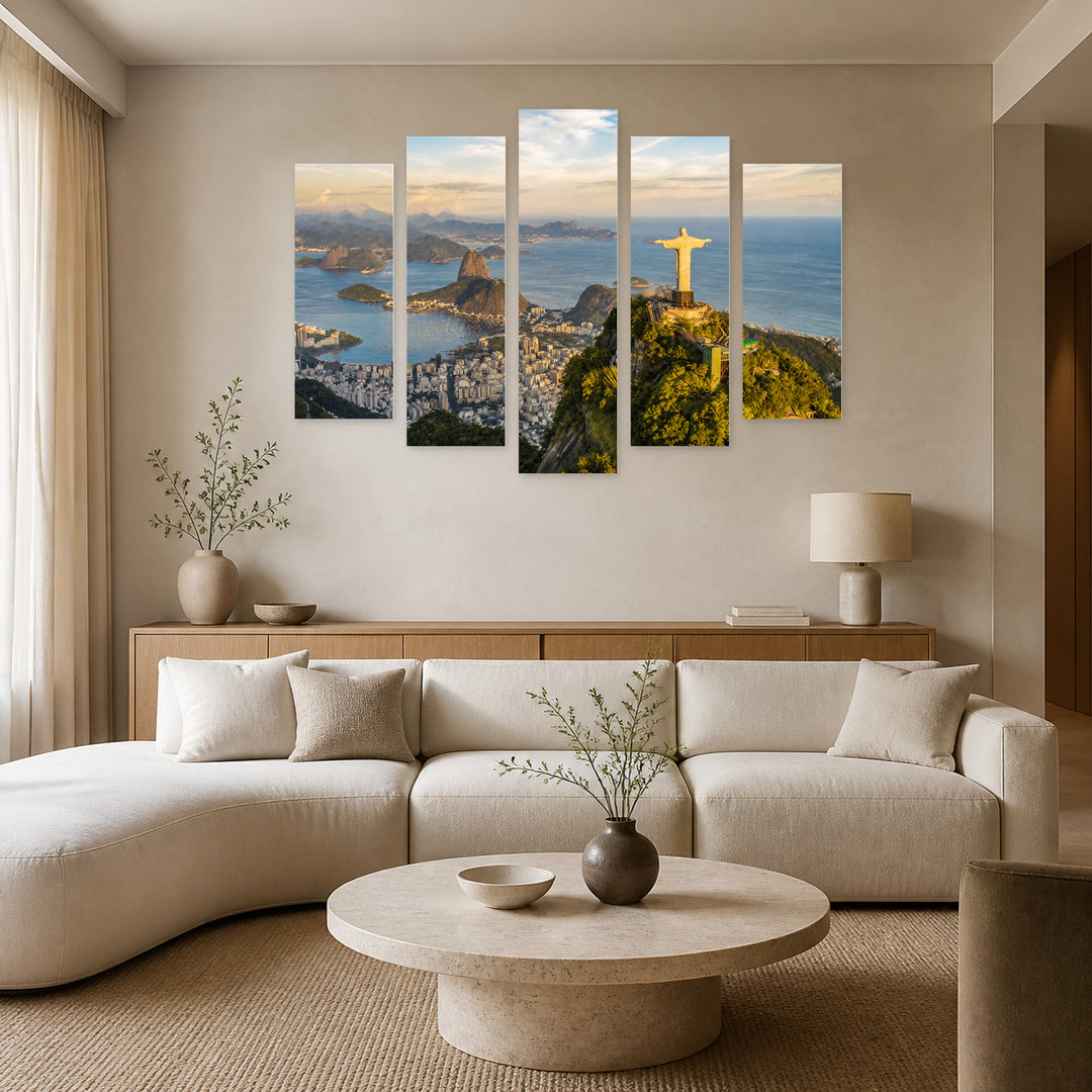 Rio View from Above in Blue and Gold — five-panel wall art in frontal interior | 5wallart 51229 M3