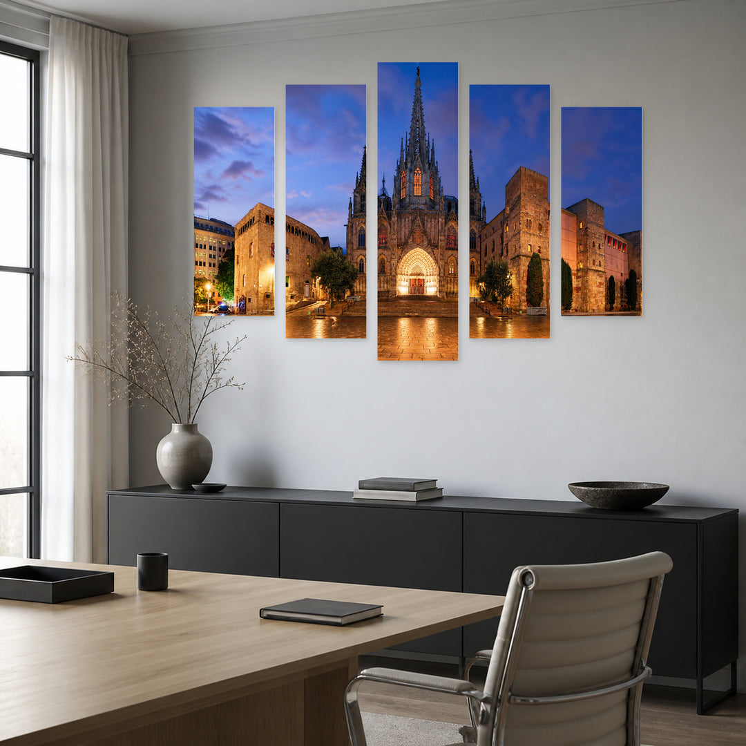 Cathedral in Barcelona Night View Urban Panorama — five-panel wall art in frontal interior | 5wallart 51230 M3