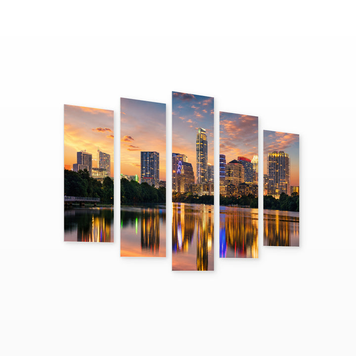 Austin, Texas at Golden Sunset — five-panel wall art on white background in perspective | 5wallart 51231 M1