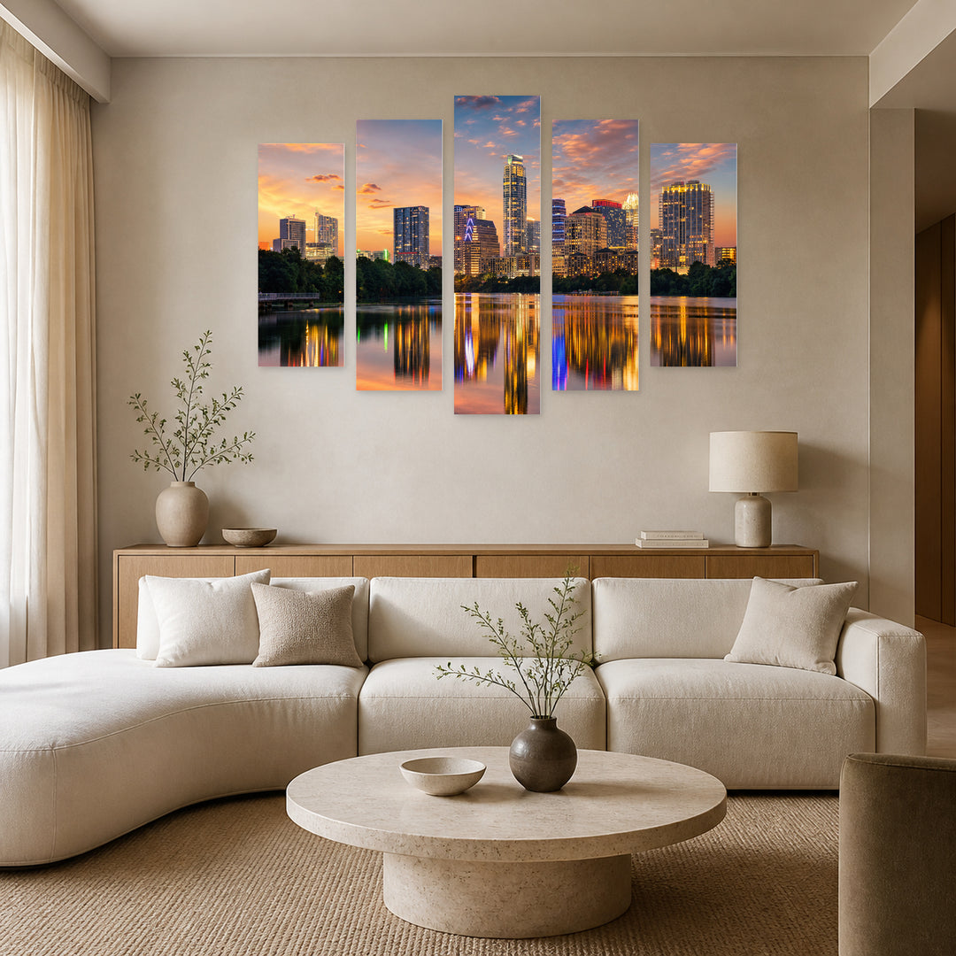 Austin, Texas at Golden Sunset — five-panel wall art in frontal interior | 5wallart 51231 M3