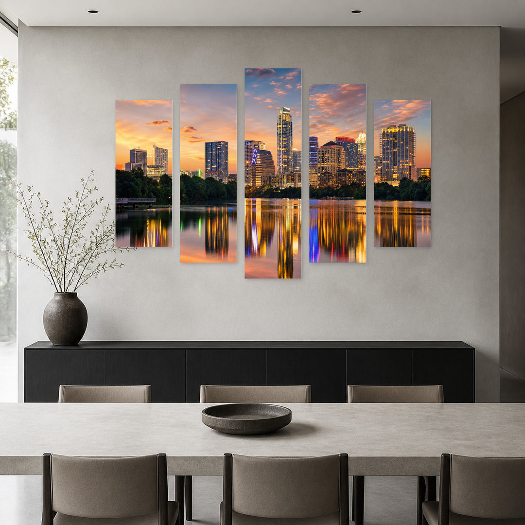 Austin, Texas at Golden Sunset — five-panel wall art in alternate frontal interior | 5wallart 51231 M4