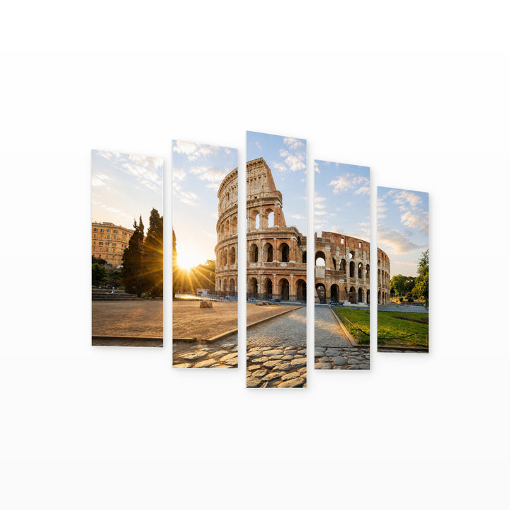 Colosseum at Sunrise in Serene Light — five-panel wall art on white background in perspective | 5wallart 51232 M1