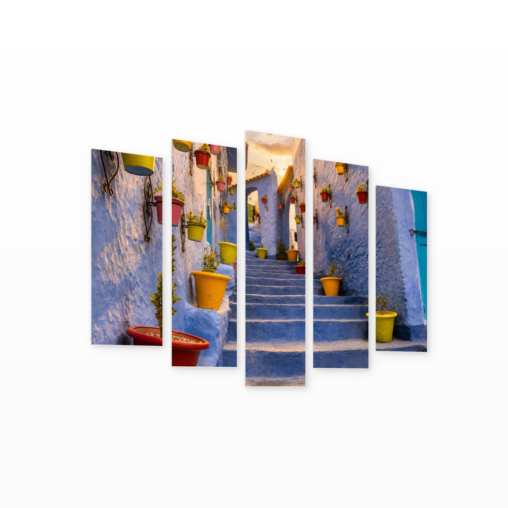Street in Morocco at Golden Sunset — five-panel wall art on white background in perspective | 5wallart 51235 M1