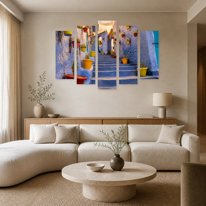 Street in Morocco at Golden Sunset — five-panel wall art in frontal interior | 5wallart 51235 M3