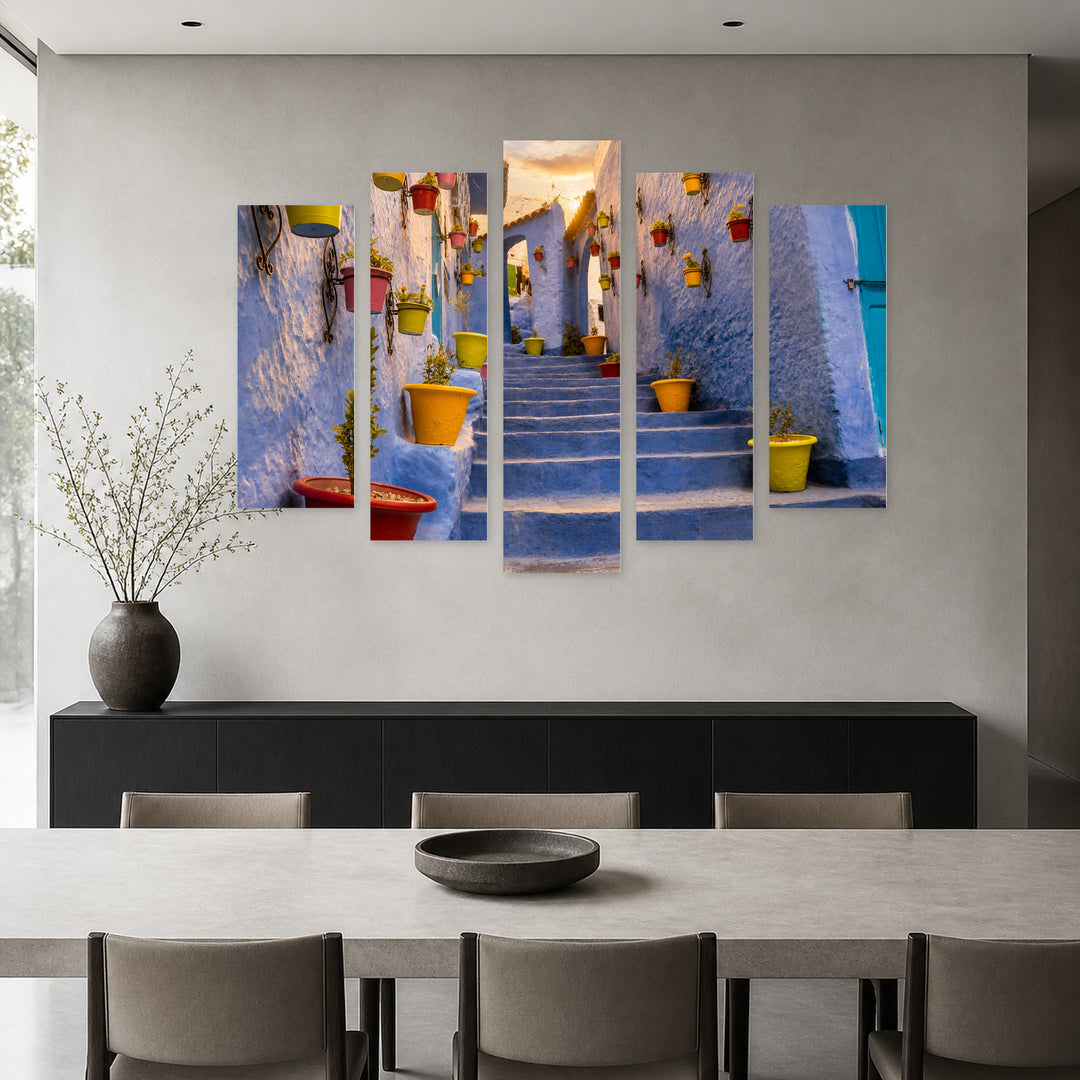 Street in Morocco at Golden Sunset — five-panel wall art in alternate frontal interior | 5wallart 51235 M4