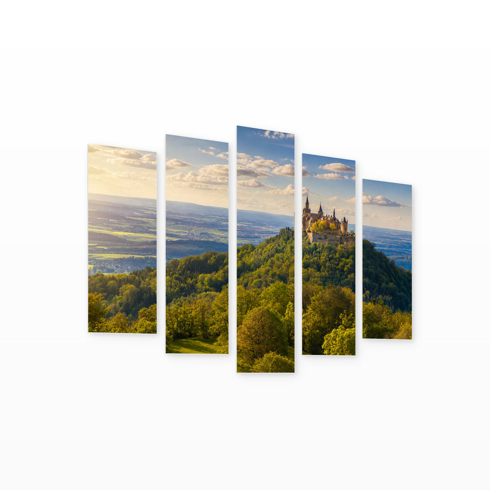 Hohenzollern Castle in Blue and Gold — five-panel wall art on white background in perspective | 5wallart 51236 M1