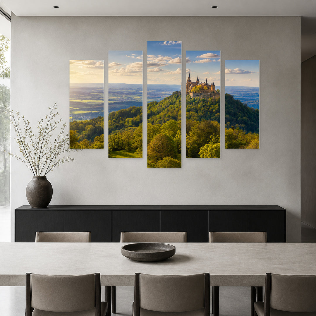 Hohenzollern Castle in Blue and Gold — five-panel wall art in frontal interior | 5wallart 51236 M3