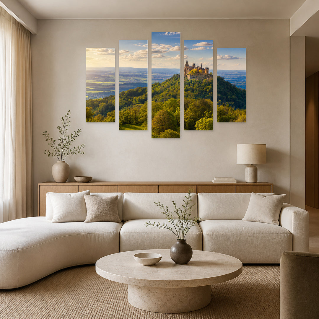 Hohenzollern Castle in Blue and Gold — five-panel wall art in alternate frontal interior | 5wallart 51236 M4