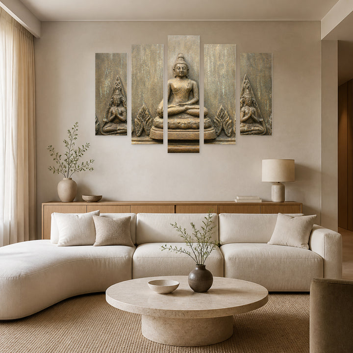 Buda in Serene Light — five-panel wall art in alternate frontal interior | 5wallart 51240 M4