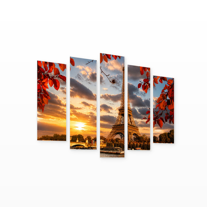Eiffel Tower in Autumn with Dramatic Contrast — five-panel wall art on white background in perspective | 5wallart 51246 M1