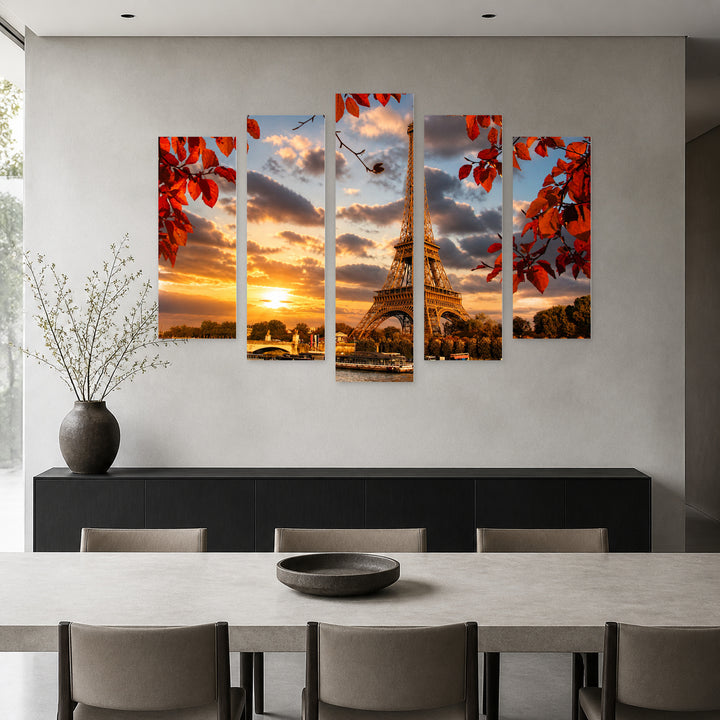 Eiffel Tower in Autumn with Dramatic Contrast — five-panel wall art in frontal interior | 5wallart 51246 M3