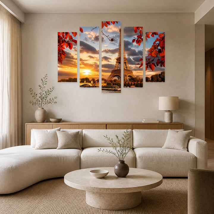 Eiffel Tower in Autumn with Dramatic Contrast — five-panel wall art in alternate frontal interior | 5wallart 51246 M4