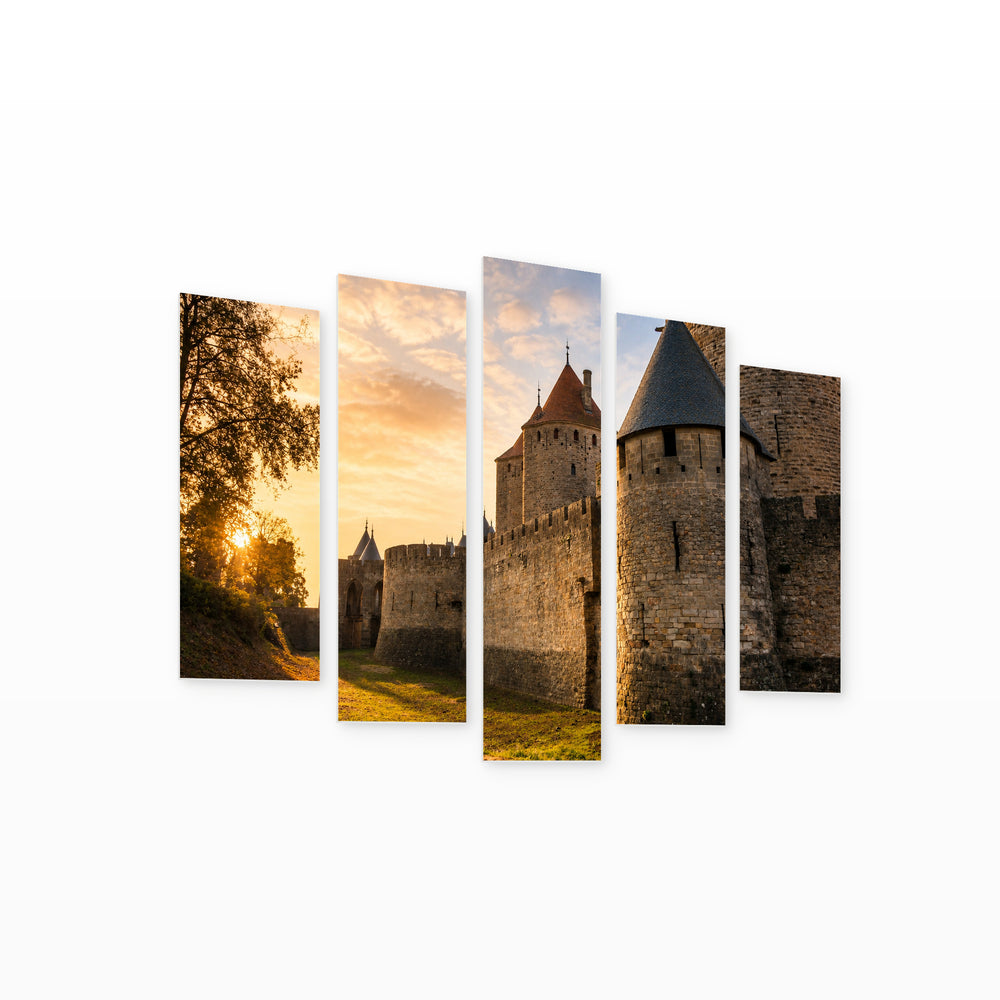 Carcassonne, France at Golden Sunset — five-panel wall art on white background in perspective | 5wallart 51248 M1