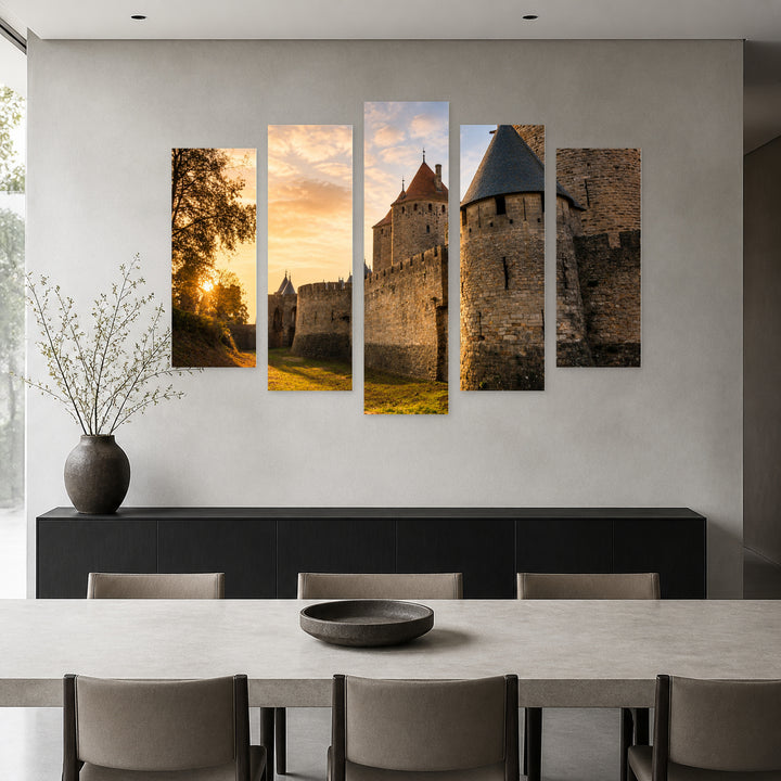 Carcassonne, France at Golden Sunset — five-panel wall art in frontal interior | 5wallart 51248 M3